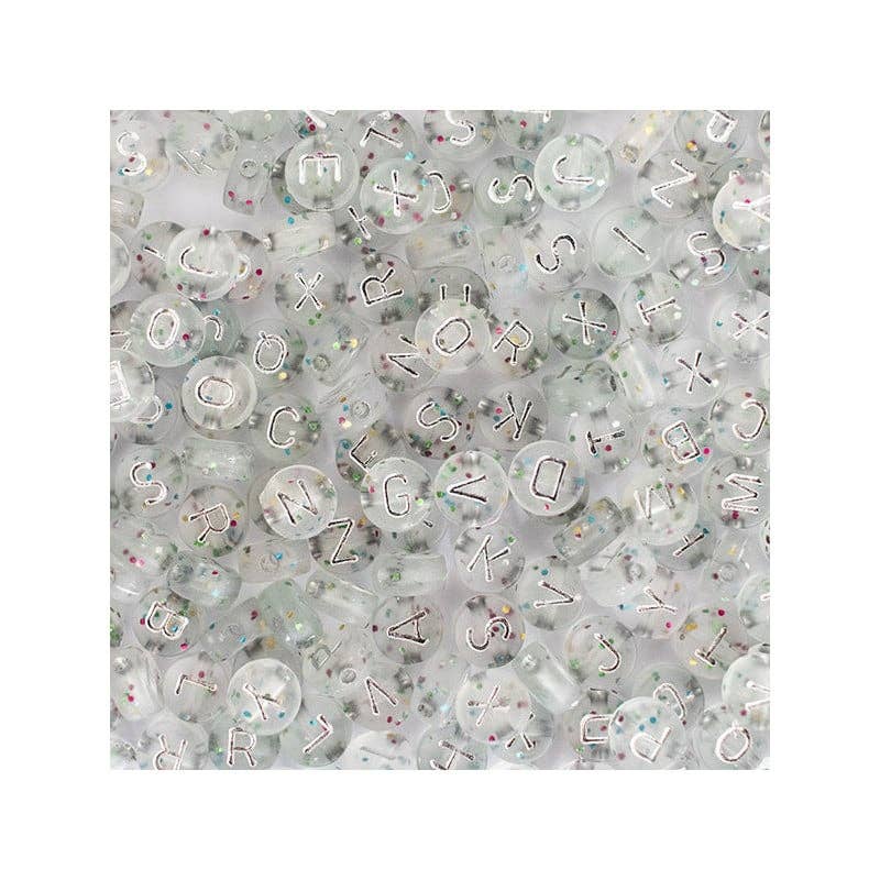 Korálky s písmenky - třpitivý mix silver